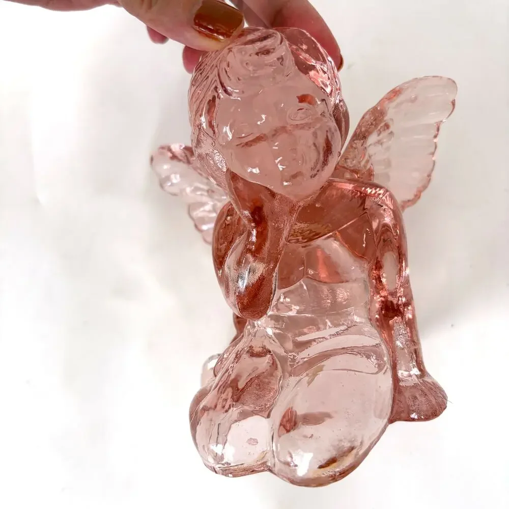 Vintage 1960s Pink Pressed Glass Cherub Angel Candle Holders Set of 2